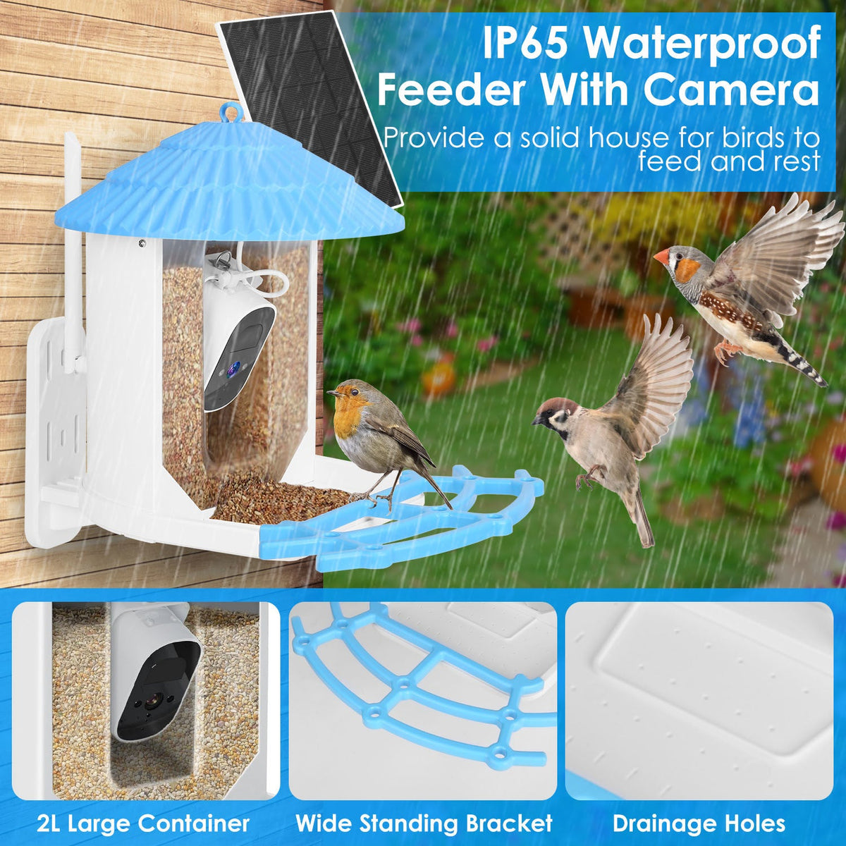 Solar Powered Smart Bird Feeder 2K Bird Watching Camera With PIR Motion AI Birds Species Identify Two-Way Audio Real-Time App Notification Capture Video Gift For Bird Lover